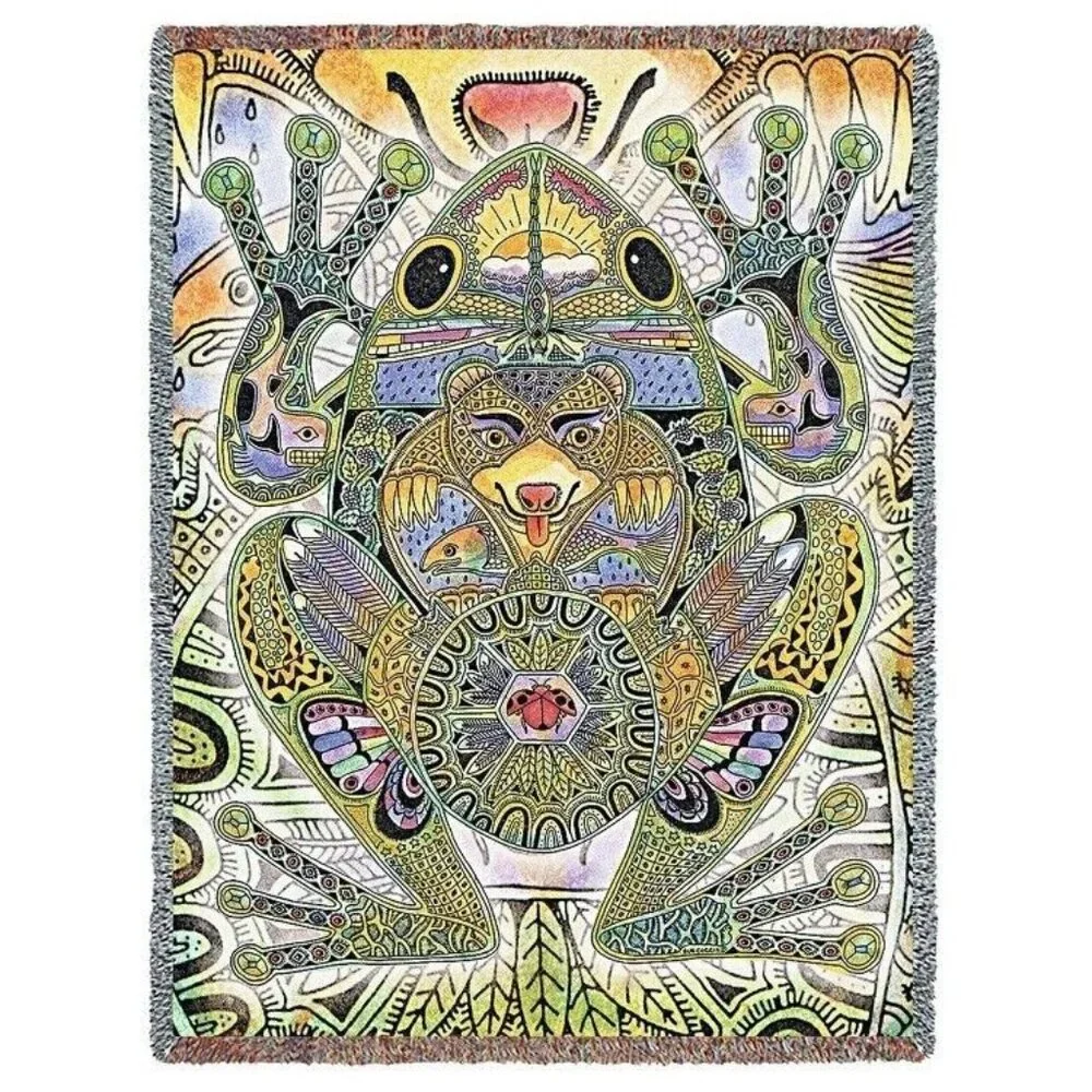 New Frog Northwest Woven Cotton Afghan Throw Blanket Frogs Bear Native American - Picture 1 of 2